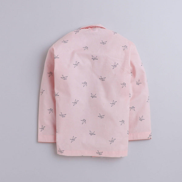 Polka tots Full Sleeve Night Suit Pair Pink (Origami Bird)