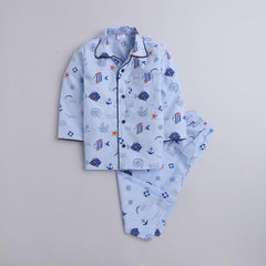 Polka tots Full Sleeve Night Suit Pair Blue (Aquatic)