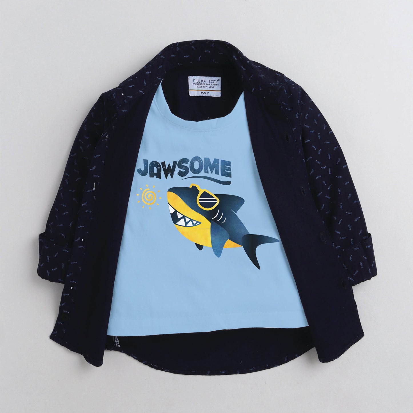 Polka Tots navy blue fish shirt jawsome print tshirt shirt - navy blue