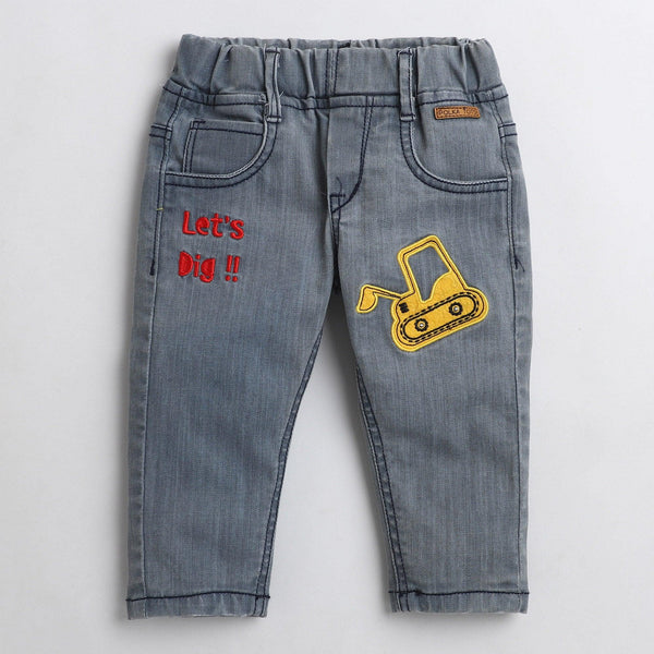 Polka Tots Lets Dig Excavator Patch Denim Pant - Grey