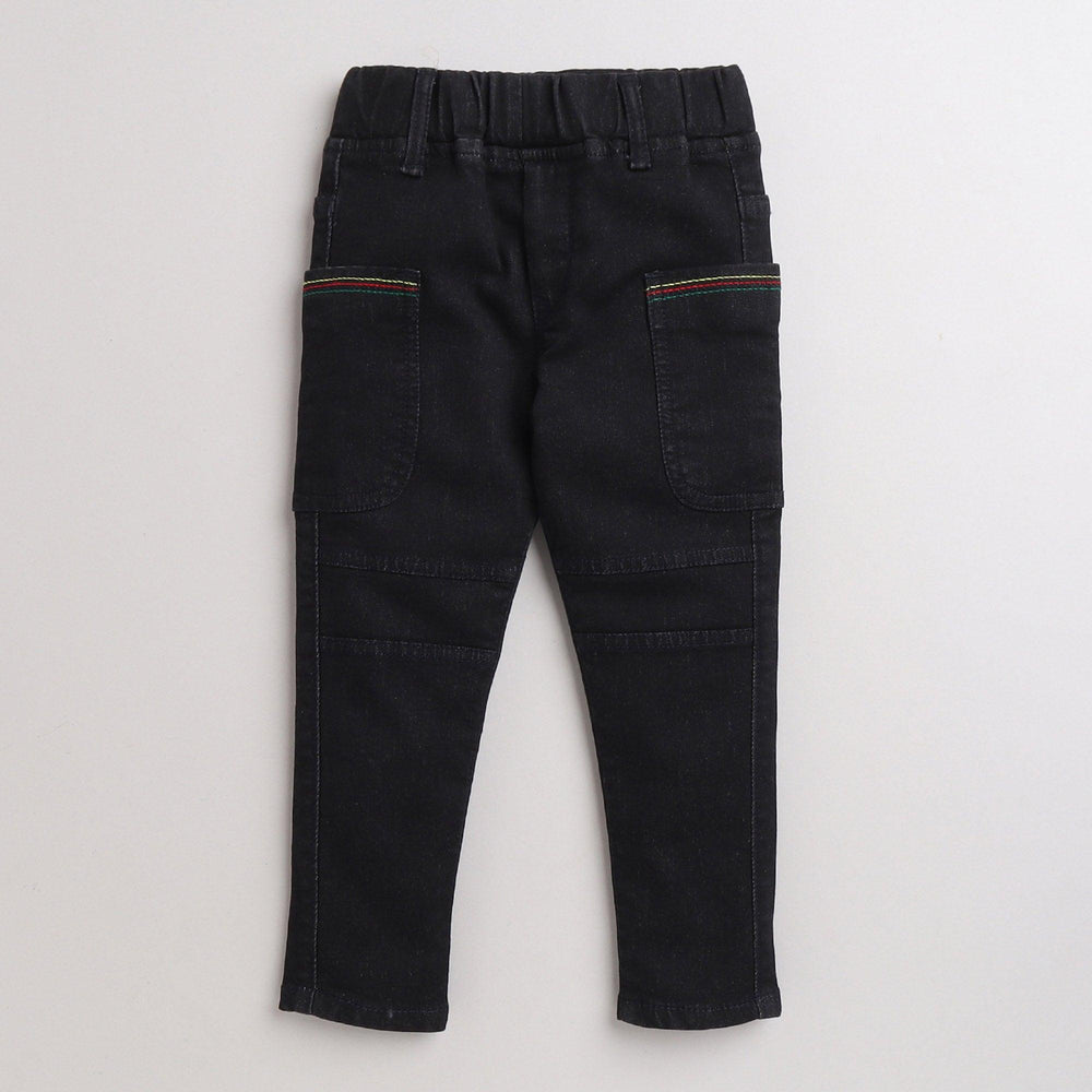 Polka Tots 3 Color Thread Line Embroidery Pocket Denim Pant - Black