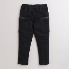 Polka Tots 3 Color Thread Line Embroidery Pocket Denim Pant - Black