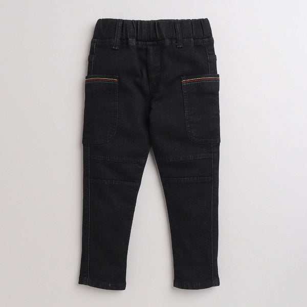 Polka Tots 3 Color Thread Line Embroidery Pocket Denim Pant - Black