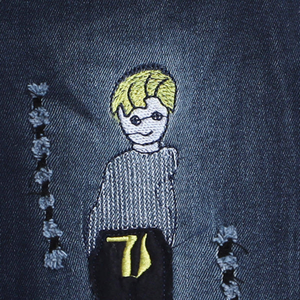 Polka Tots Dude Embroidery Denim Pants - Blue