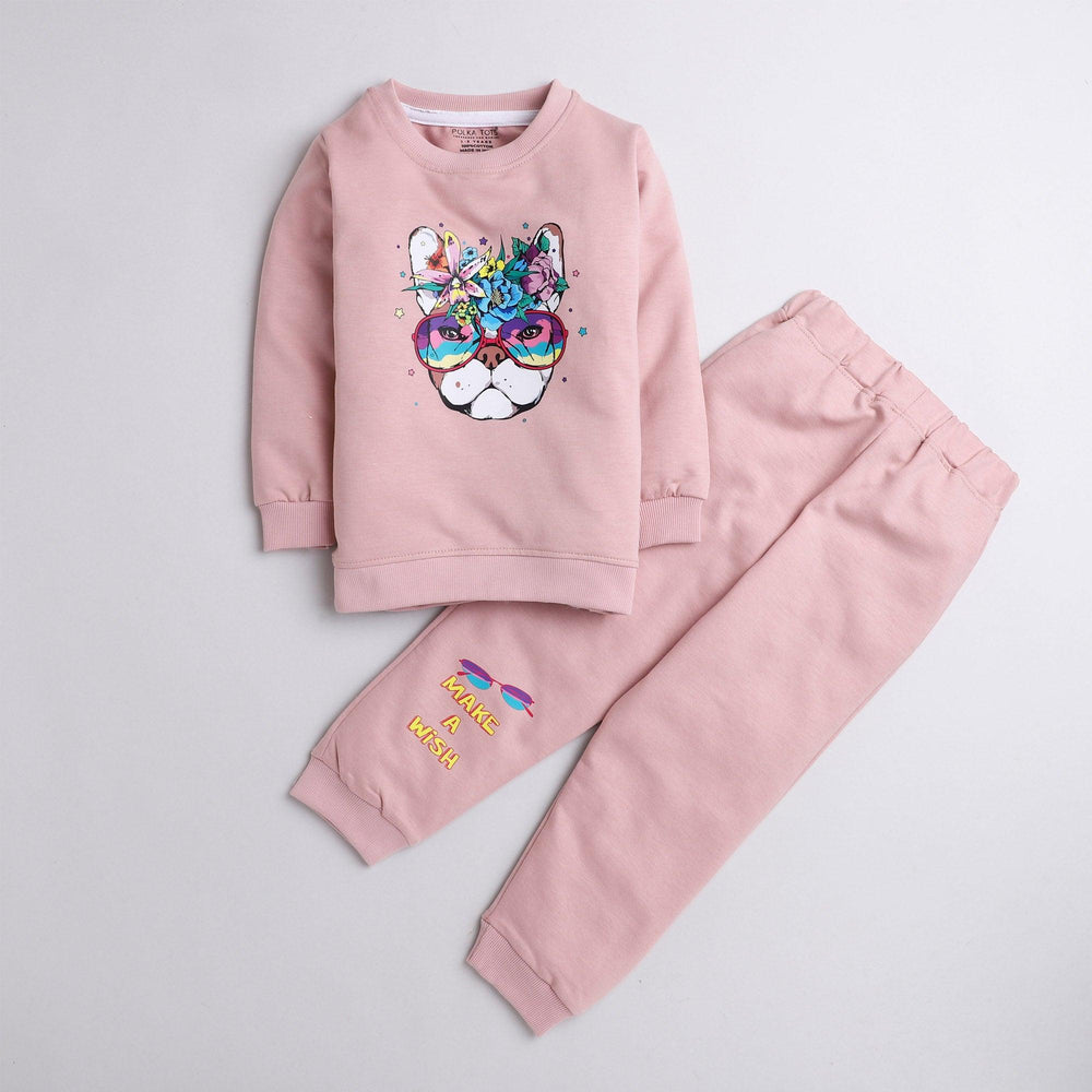 Polka tots make a wish print full sleeve tshirt with lounge pant set - pink