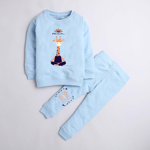 Polka tots om yoga inhale exhale print full sleeve tshirt with lounge pant set - sky blue