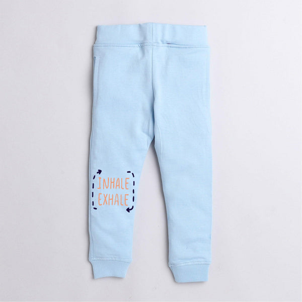 Polka tots om yoga inhale exhale print full sleeve tshirt with lounge pant set - sky blue