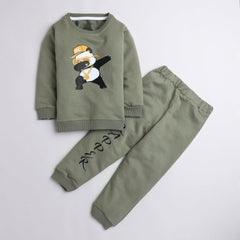 Polka tots panda hopper print full sleeve tshirt with lounge pant set - green