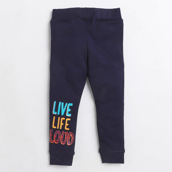 Polka tots 3 monkeys live life print full sleeve tshirt with lounge pant set - navy blue