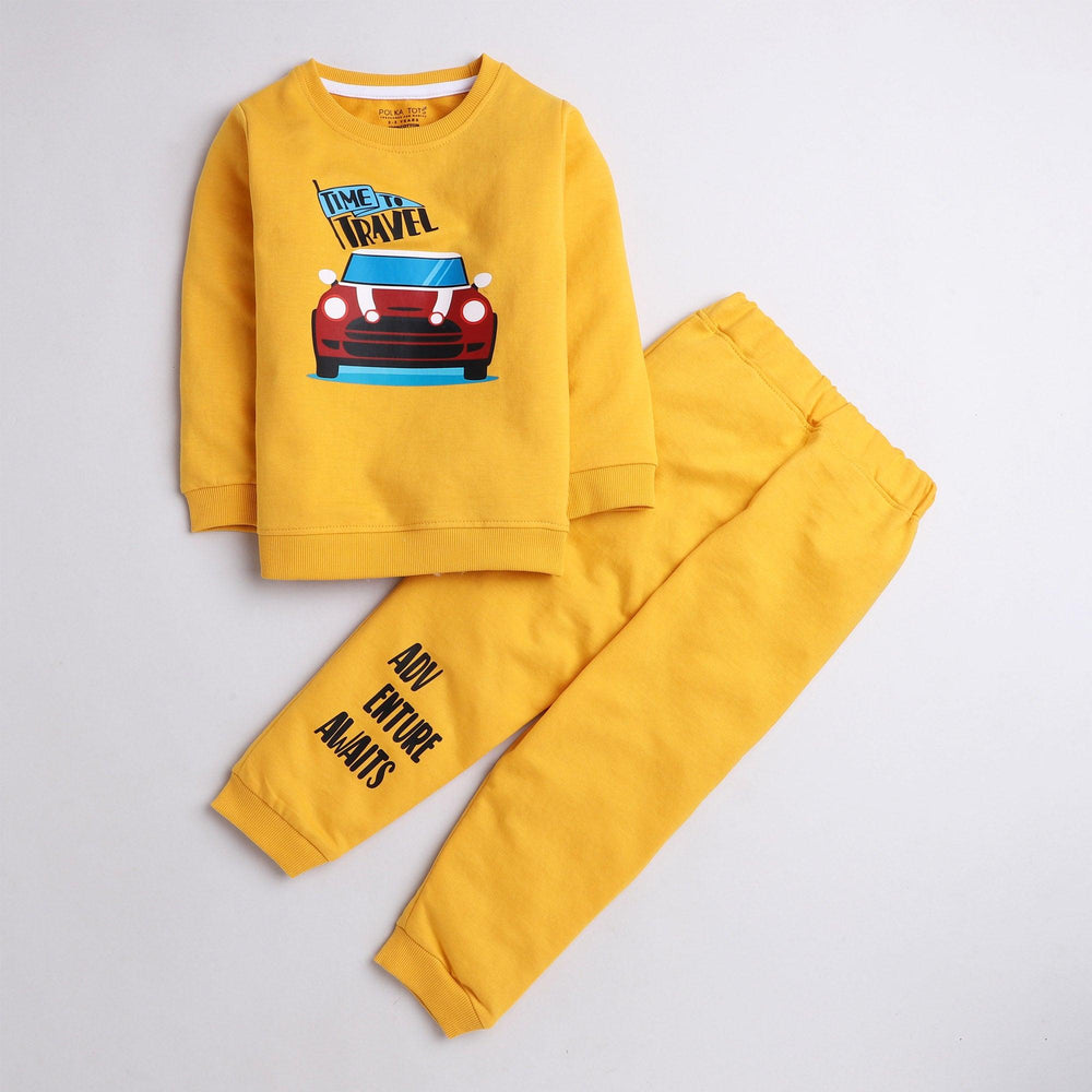 Polka tots red car adventure print full sleeve tshirt with lounge pant set - Yellow