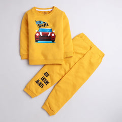 Polka tots red car adventure print full sleeve tshirt with lounge pant set - Yellow