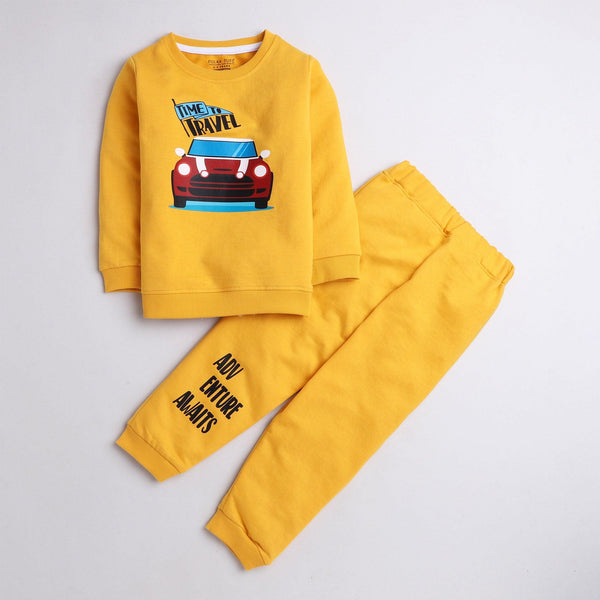 Polka tots red car adventure print full sleeve tshirt with lounge pant set - Yellow