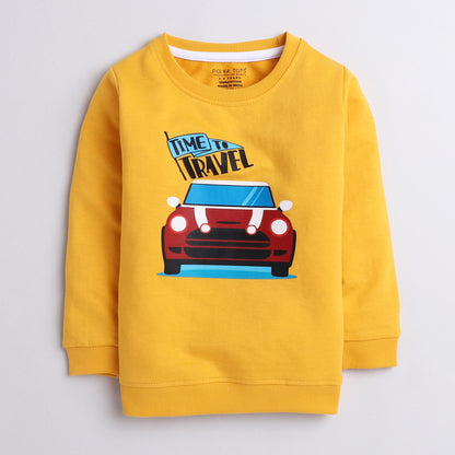 Polka tots red car adventure print full sleeve tshirt with lounge pant set - Yellow