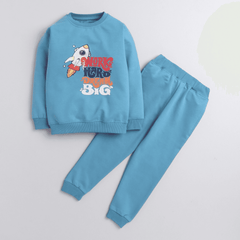 Polka Tots Full Sleeve Work Hard dream Big Print Tshirt With Full Lower Cod Set - Blue