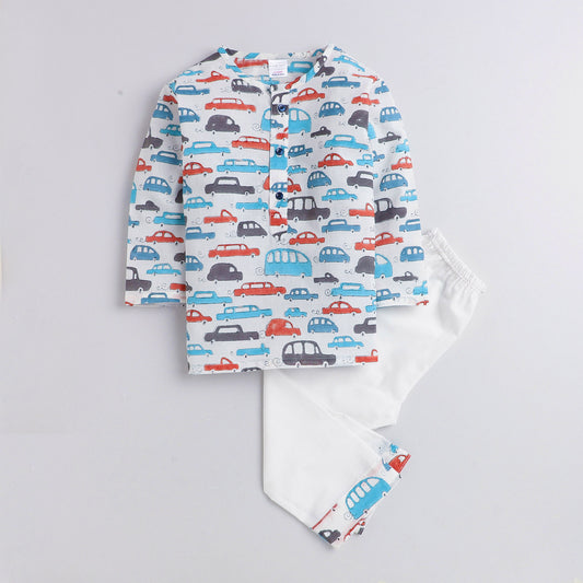 Polka Tots Kurta Pajama for Kids 100% Super Soft Cotton Night Suits for Boys & Girls Car White