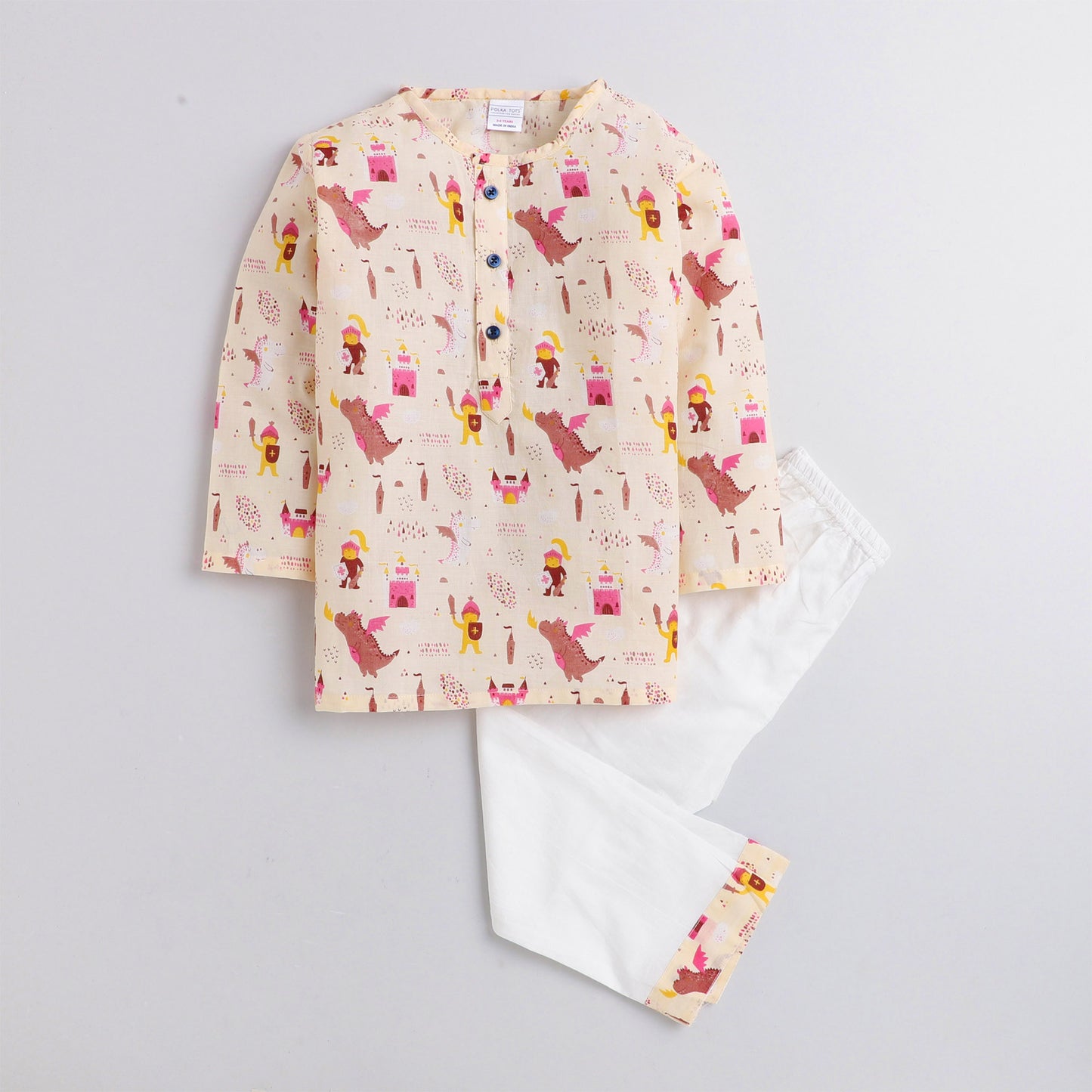 Polka Tots Kurta Pajama for Kids 100% Super Soft Cotton Night Suits for Boys & Girls Dinosaur Cream