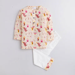 Polka Tots Dinosaur print Full sleeves Nightwear Kurta pyjama set -Cream