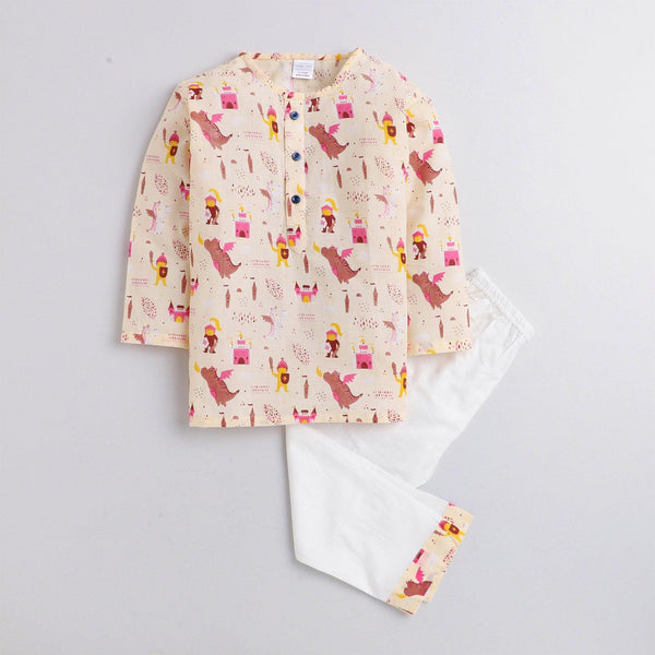 Polka Tots Dinosaur print Full sleeves Nightwear Kurta pyjama set -Cream