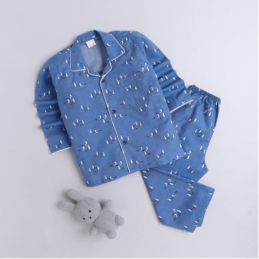 Polka tots Full Sleeve Night Suit Pair Blue (Pigeon)