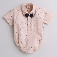 Polka Tots Half Sleeve Ship Print Party Wear Shirt Romper With Bow Tie - Peach
