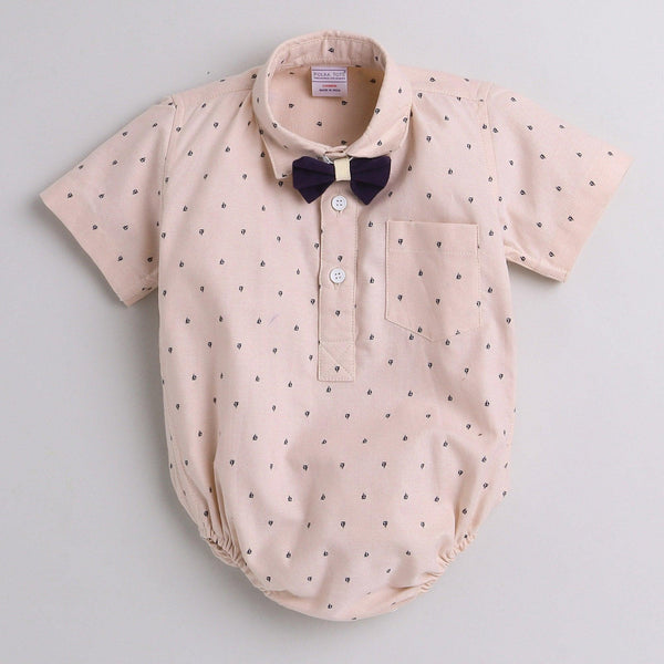 Polka Tots Half Sleeve Ship Print Party Wear Shirt Romper With Bow Tie - Peach