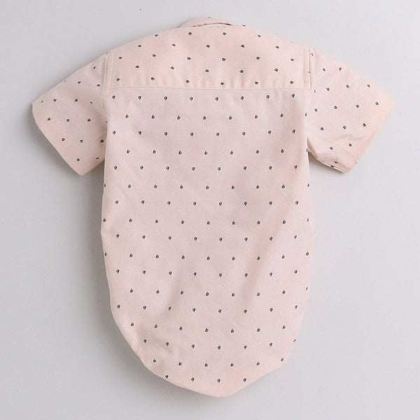 Polka Tots Half Sleeve Ship Print Party Wear Shirt Romper With Bow Tie - Peach