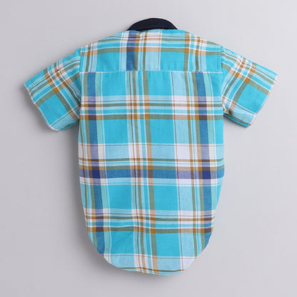 Polka Tots Half Sleeve Shirt Romper Denim Collar Denim Pocket - Blue