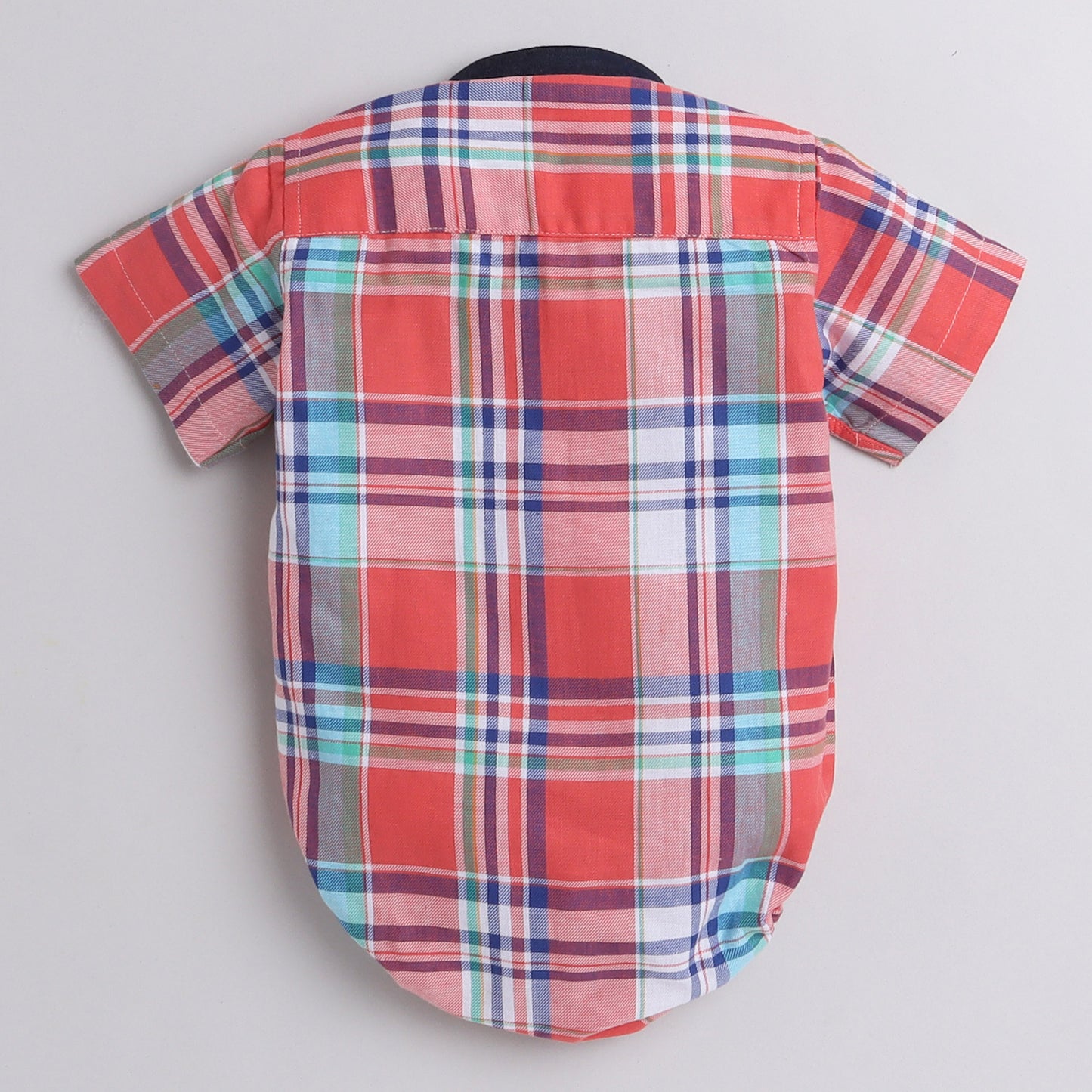 Polka Tots Half Sleeve Shirt Romper Denim Collar Denim Pocket - Red
