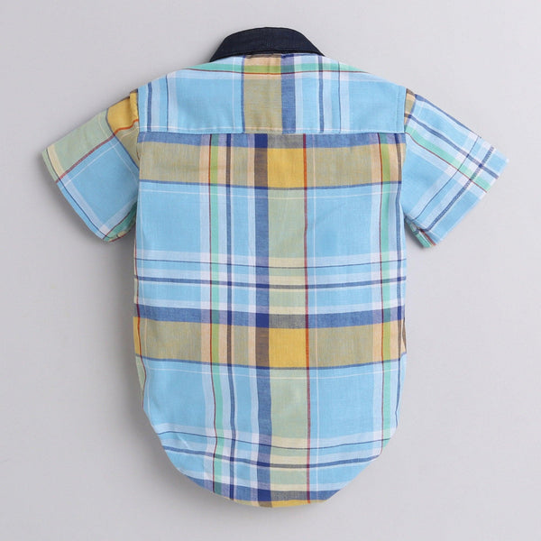 Polka Tots Half Sleeve Shirt Romper Denim Collar Denim Pocket - Sky Blue