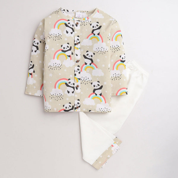 Polka Tots Panda Rainbow Print Front Open Full sleeves Nightwear Kurta pyjama set - Cream
