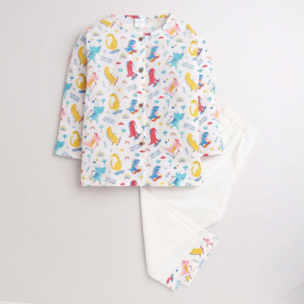 Polka Tots Dinosaur print Full sleeves Nightwear Kurta pyjama set - White
