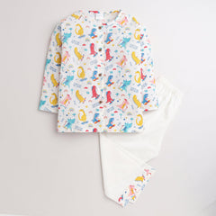 Polka Tots Dinosaur print Full sleeves Nightwear Kurta pyjama set - White