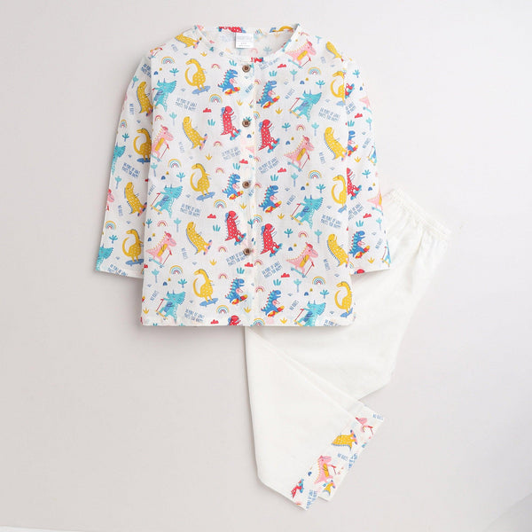Polka Tots Dinosaur print Full sleeves Nightwear Kurta pyjama set - White
