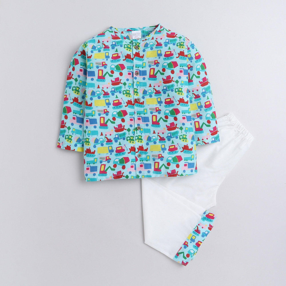 Polka Tots Car print Full Sleeves Front open Nightwear Kurta pyjama set - Blue