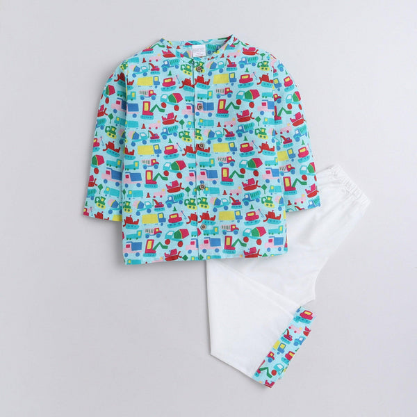 Polka Tots Car print Full Sleeves Front open Nightwear Kurta pyjama set - Blue