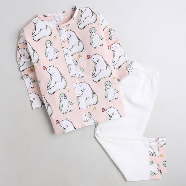 Polka Tots Bear print Front Open Full sleeves Nightwear Kurta pyjama set - Peach