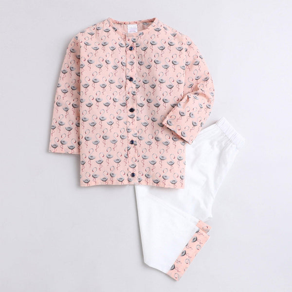 Polka Tots Swan print Front open Full sleeves Nightwear Kurta pyjama set - Peach
