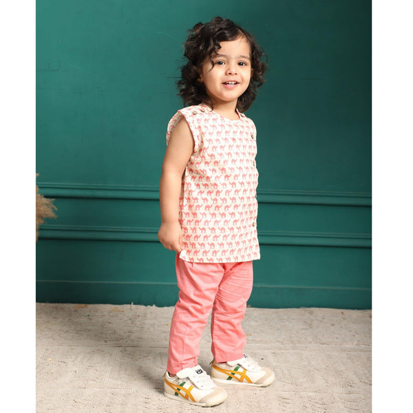 Polka Tots Camel Print Sleeveless Jhabla and Pant Set - White & Pink