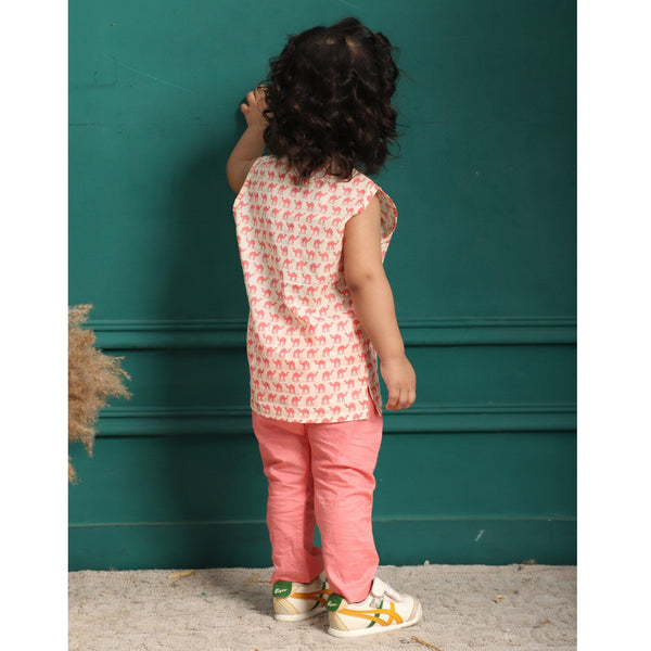 Polka Tots Camel Print Sleeveless Jhabla and Pant Set - White & Pink