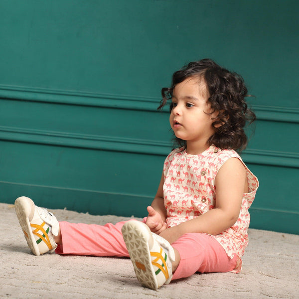 Polka Tots Camel Print Sleeveless Jhabla and Pant Set - White & Pink