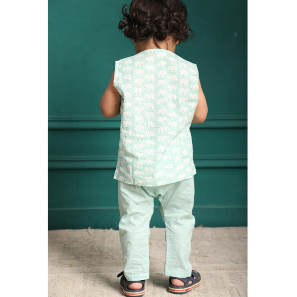 Polka Tots Elephant Print Sleeveless Jhabla and Pant Set - Light Green