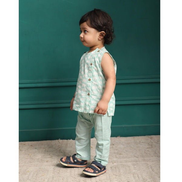 Polka Tots Elephant Print Sleeveless Jhabla and Pant Set - Light Green