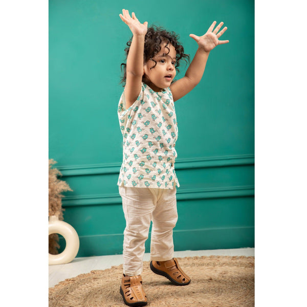 Polka Tots Bird Print Sleeveless Jhabla and Pant Set - Cream & Sea Blue