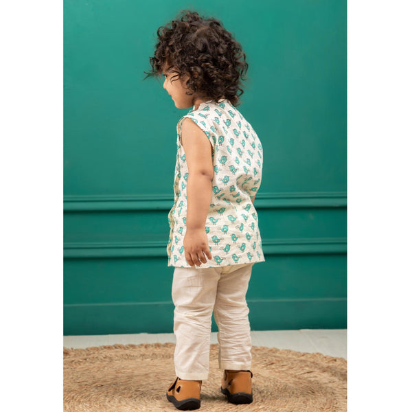 Polka Tots Bird Print Sleeveless Jhabla and Pant Set - Cream & Sea Blue