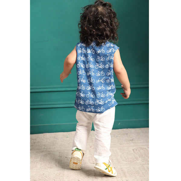 Polka Tots  Cycle Print Sleeveless Jhabla and Pant Set - Navy Blue