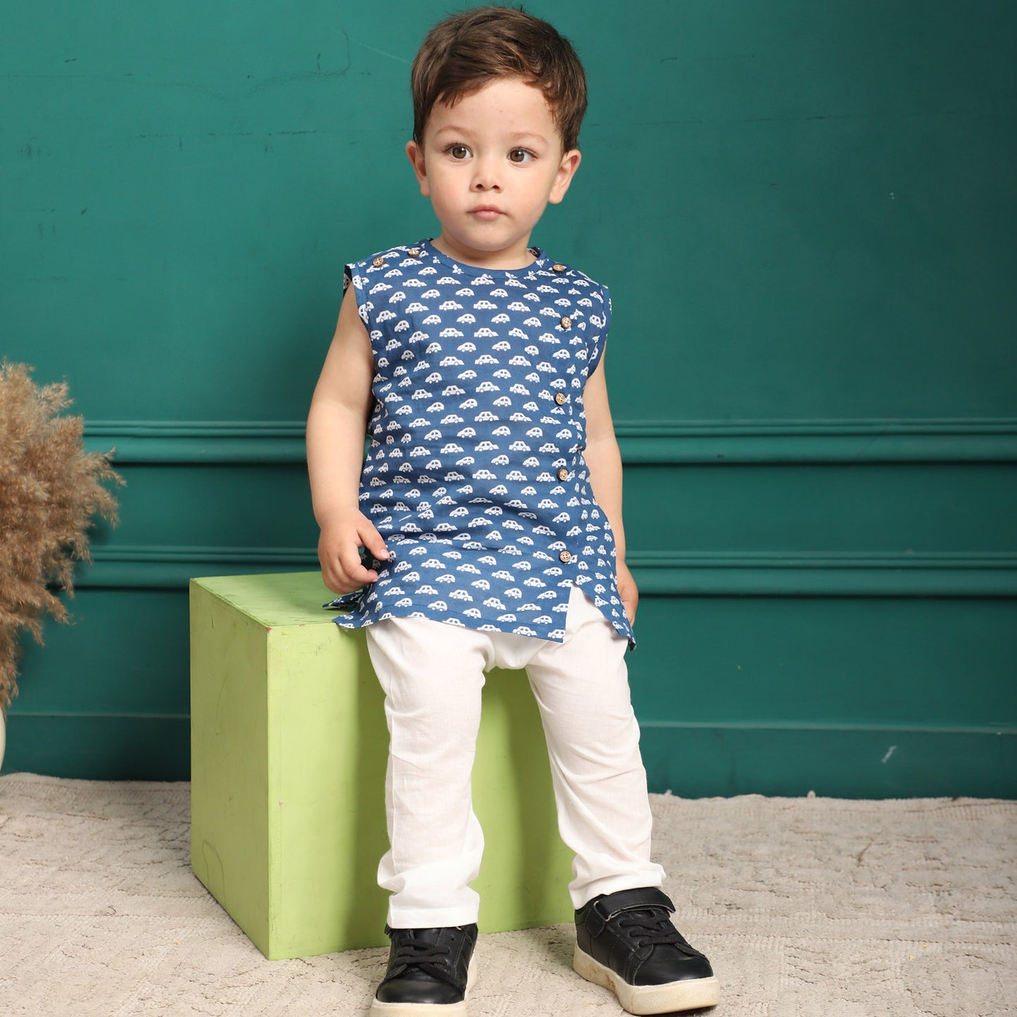 Polka Tots 100% Super Soft Cotton Sleeveless Car Print Jhabla and Pant Set - Navy Blue