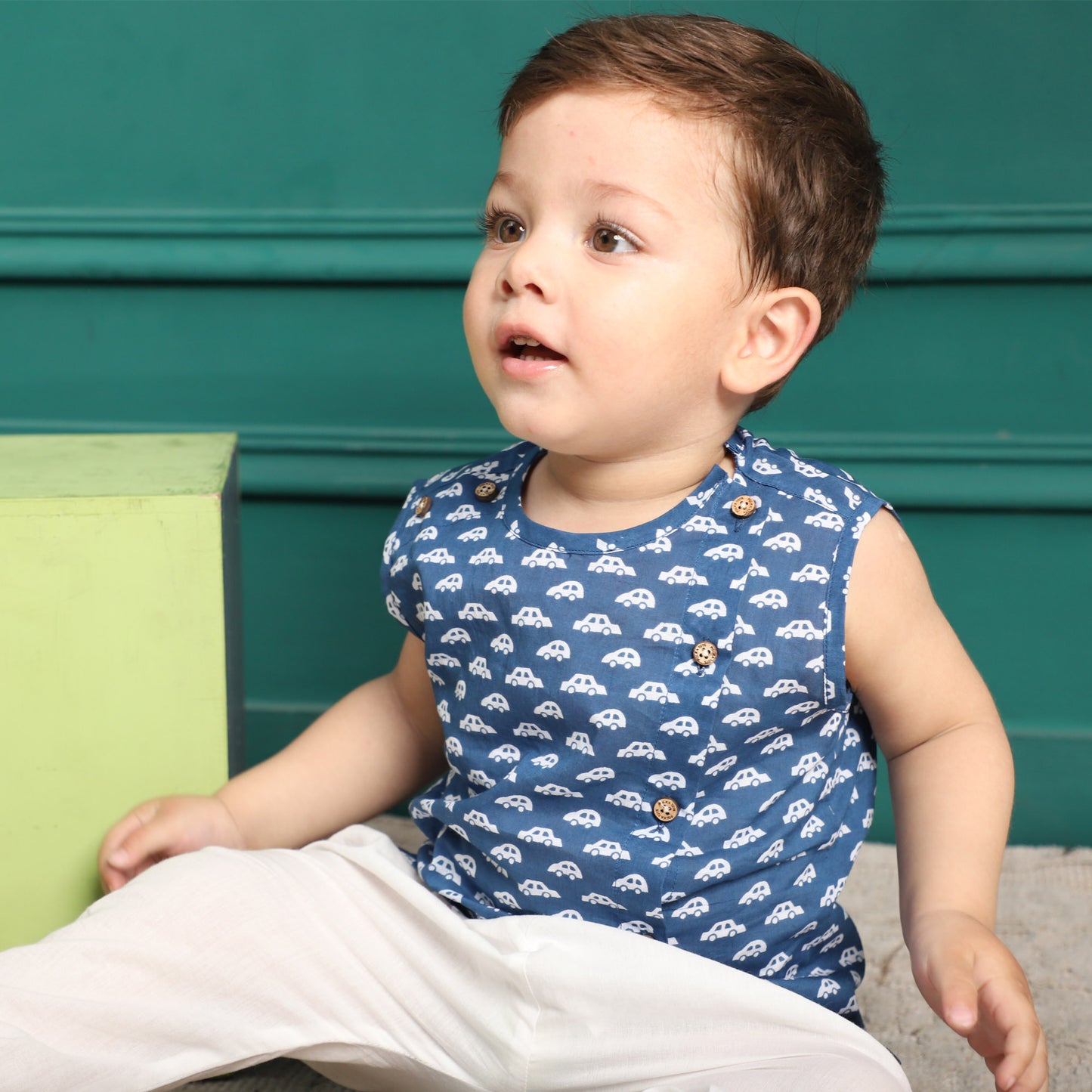 Polka Tots 100% Super Soft Cotton Sleeveless Car Print Jhabla and Pant Set - Navy Blue