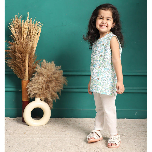 Polka Tots Peacock Fish Print Sleeveless Jhabla and Pant Set - White & Green