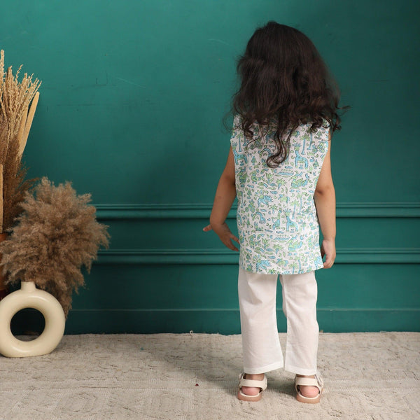 Polka Tots Peacock Fish Print Sleeveless Jhabla and Pant Set - White & Green