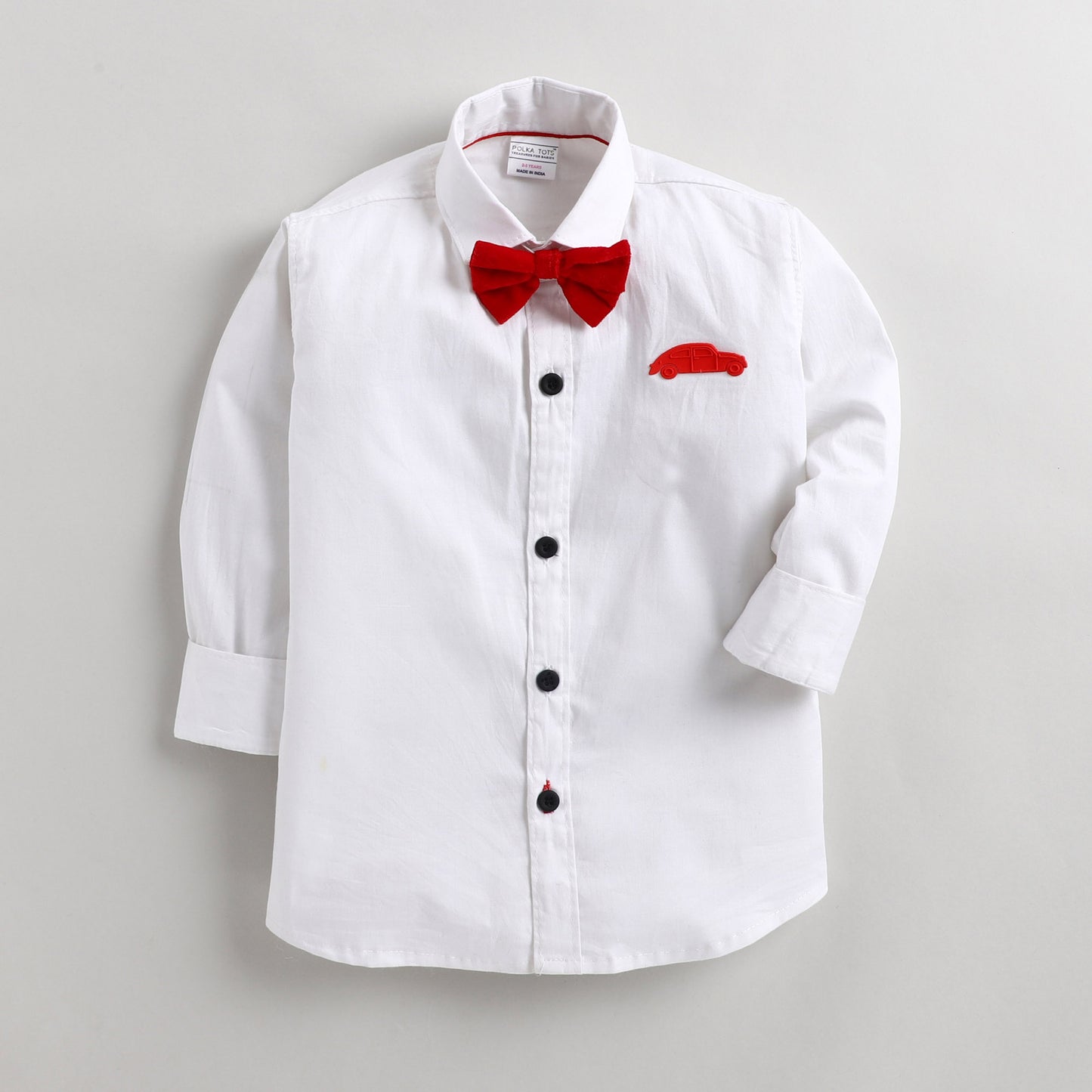 Polka Tots Full Sleeves Car Patch Detailing Shirt With Bow Tie - White